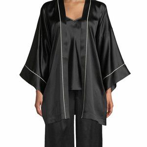 Neiman Marcus Contrast-Piped Black Silk Kimono Robe Size S/M